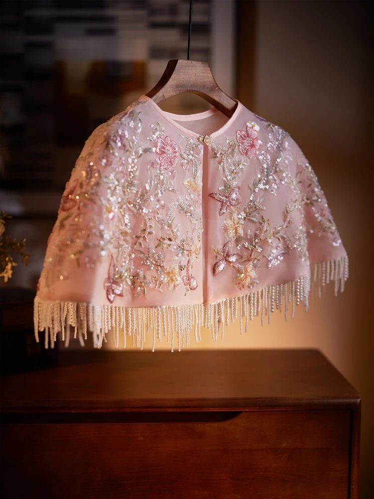 

Handmade Beaded Lace ort Coat Ultra Fairy Tassel Cowl Ne Cover up Spring Summer Women's Faion Princ Sle Outerwear