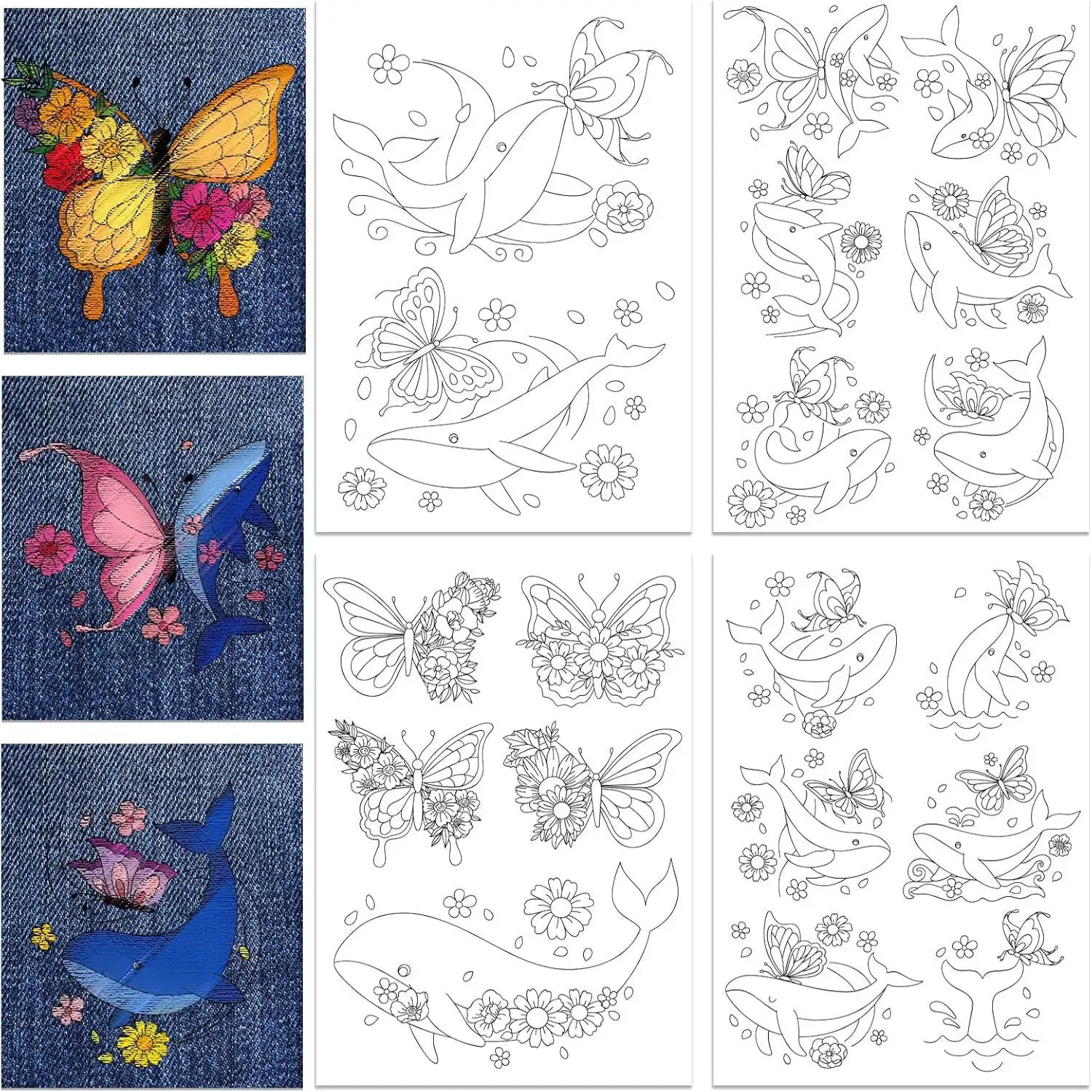 4 Blatt wasserlösliches Stabilisator-Stickmuster, klebriges Instant-Stickpapier, waschbare Schmetterlings-Delfin-Blumen
