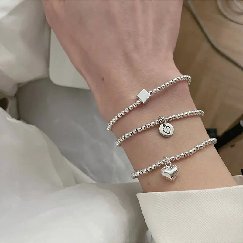 

New Arrival 925 Sterling Silve Love Heart Bead Bracelet Geometry Lovers Versatile Ins Jewelry for Women Gift Dropshipping