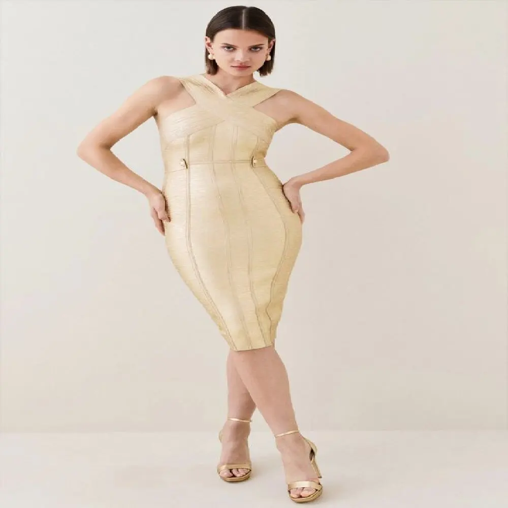 

Pretty Women's Clothing Golden Bodycon Bandage Dress, V-neck, Sexy, Birthday Party, Celebrity, Evening, Runway Lady Dress, 2022