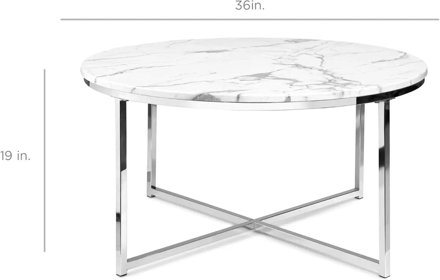 36in Faux Marble Accent Table, Modern, Large End Table Home Decor for Living Room,  Coffee W/Metal Frame, White/Chrome HOT