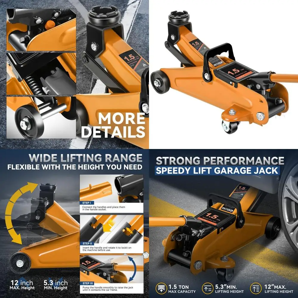 

1.5 Ton Heavy-Duty Single-Piston Hydraulic Car Lift with Quick Pump, 5.3-12 Lifting Range, Orange