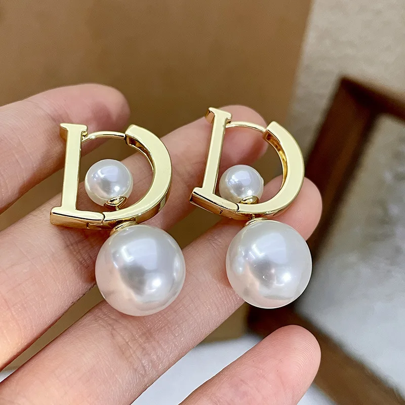 Personality Trendy Letter D Pearl Drop Dangle Earrings for Women Exquisite Gold Color Stainless Steel Wedding Bride Jewelry Gift