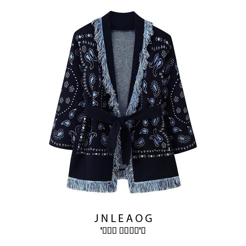 

JNLEAOG Autumn New Faion Tassel Knitted Wrap Women's Cardigan Polyester Fiber Long Sve Regular Length Floral Pattern