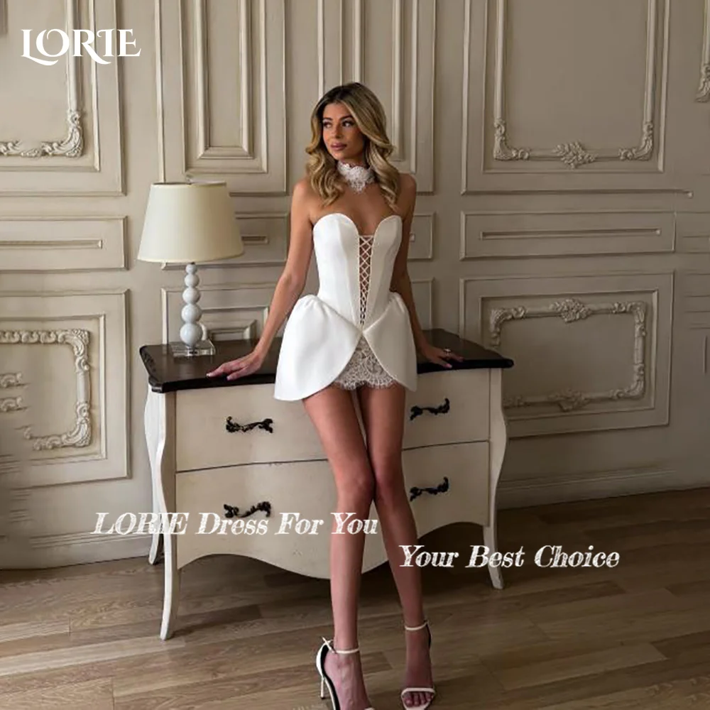LORIE Vintage Short Wedding Dress Strapless Lace Satin Pleats Ball Backless Sexy Mini Bridal Gown Princess Bride Gown Customized