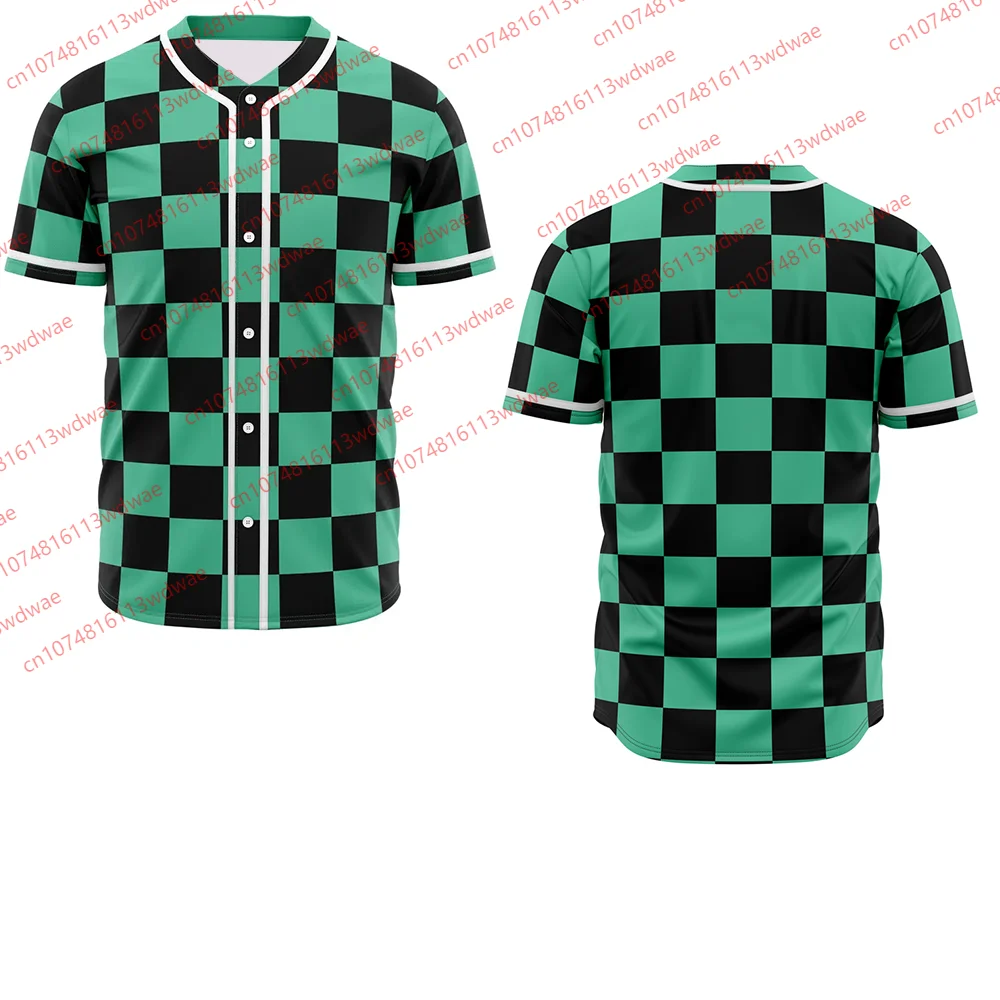 

Demon Slayer Tanjiro Checkered Haori Baseball Shirt Anime T-shirt Summer Loose Fit Cosplay Tee Unisex Japanese Streetwear