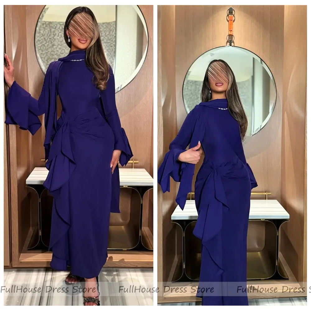 

Custom Made Muslim Saudi Dress O-neck Ruffles Straight Pleated Ankle Length Long Sleeve Evening Gown شارون سعيد