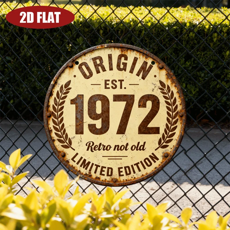 2D Flat, 1pc Vintage 1972 Limited Edition Metal Wall Plaque & Sculpture - 7.9-Inch Retro Round Sign with Golden Wreath Border, O