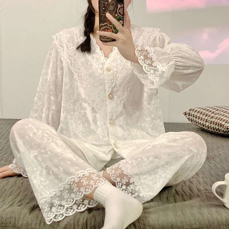 Fdfklak Korean Elegant Gold Velvet Pajamas For Women Sweet Lace Long Sleeve Sleepwear Set V Neck Spring Autumn Home Clothes