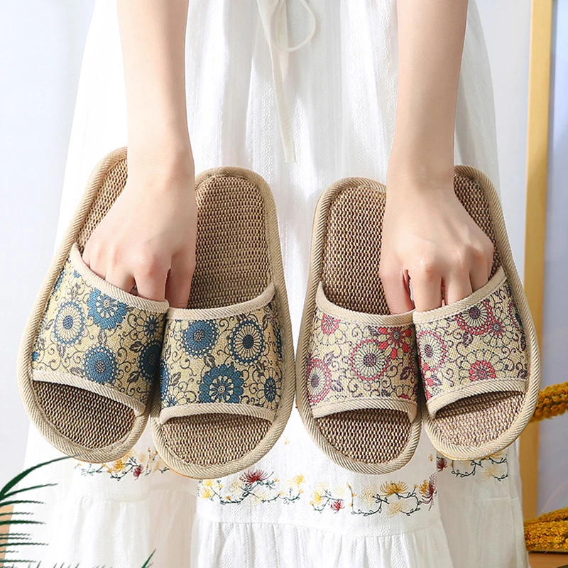 Four Seasons Women Linen Slippers Indoor Floor Flat Shoes Spring Autumn Linen Flip Flops Home Lightweight Slides Female Slipper_voghion.com