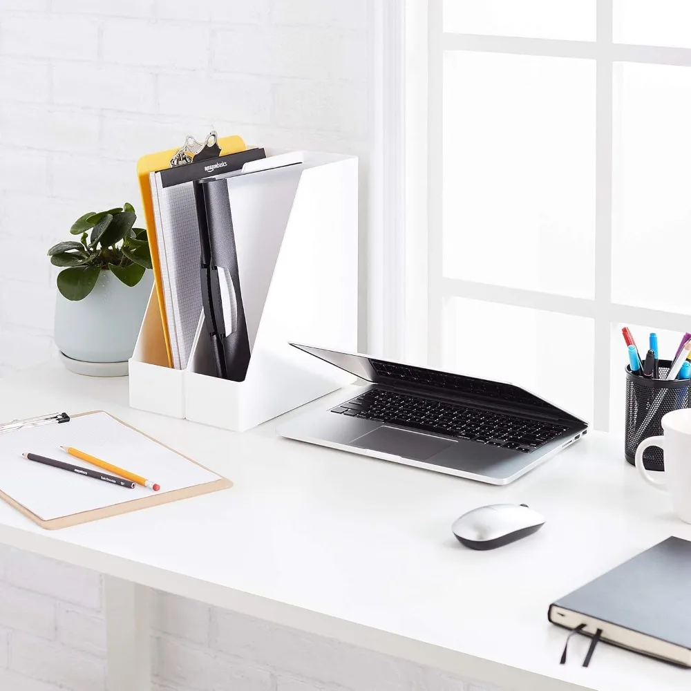 Rectangular Plastic Desk Organizer & Magazine Rack, White, 2-Pack for Home Office