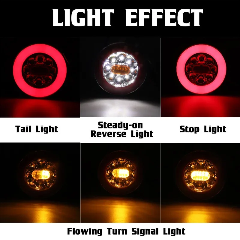 2Pcs Truck Taillight Reverse Brake 4in1 Dynamic Tail Trun Signal 12-24V Reverse Lamp Round Tail Lights Car Trailer Lorry RV Bus