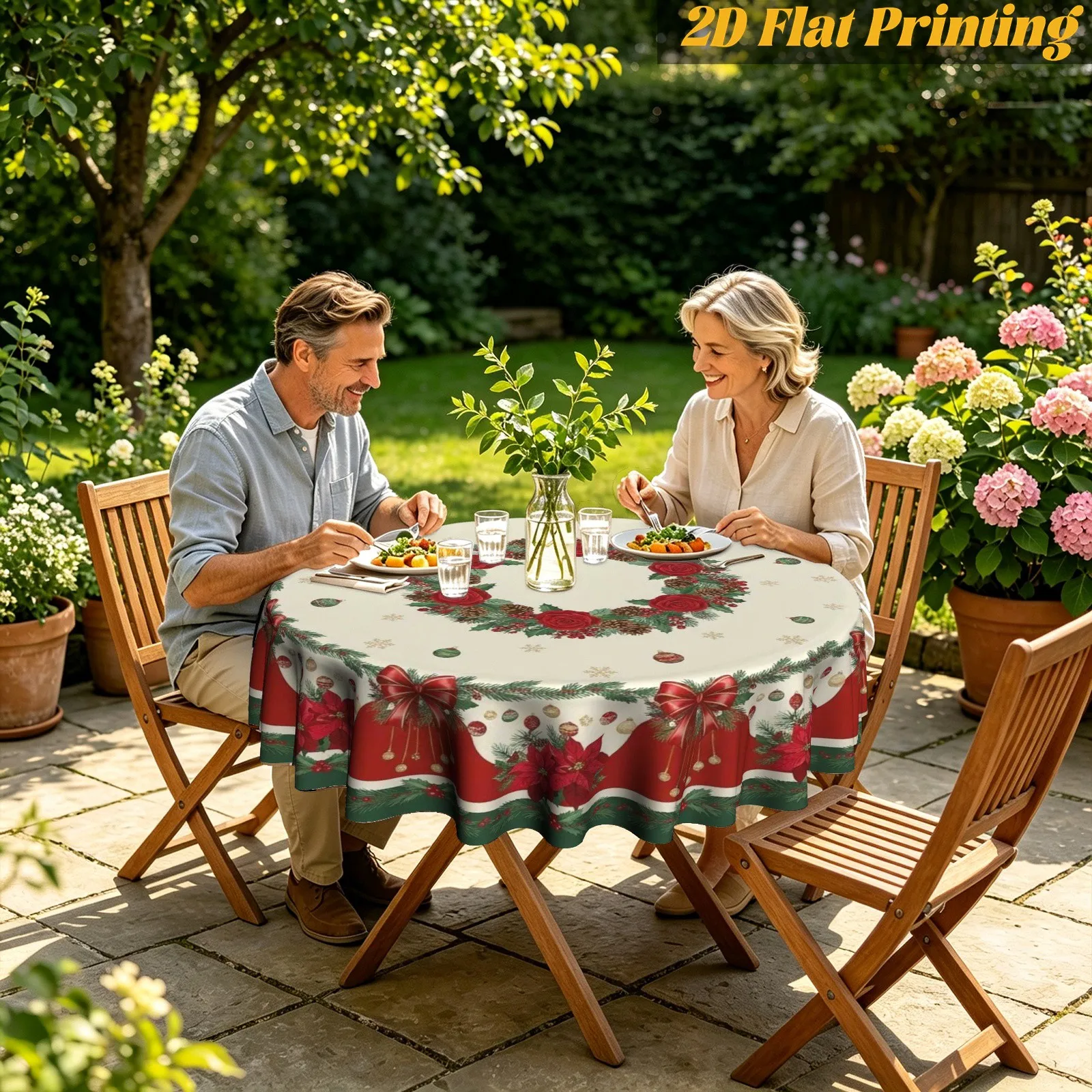 1 piece creamy red bow angel flower pine pattern round tablecloth, home tabletop decoration, suitable for Christmas parties