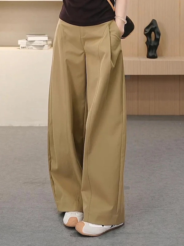 Khaki Casual Pants Women's 2025 Autumn New plus Size Pear Shape Hip Conceal Slimming Loose Wide Leg Pants High Waist
