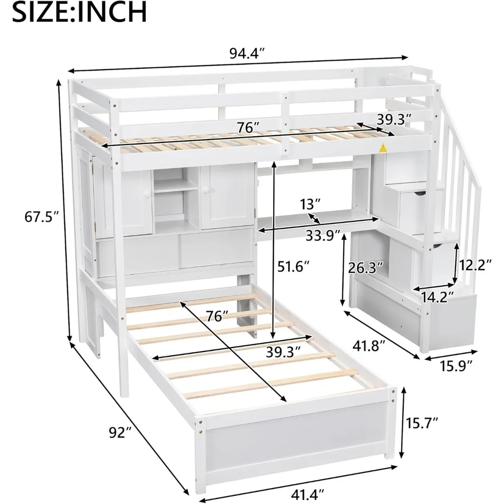 Double bunk bed with staircase, desk, solid wood loft bed with storage shelves, drawers, staircase bunk bed frame with bookcase