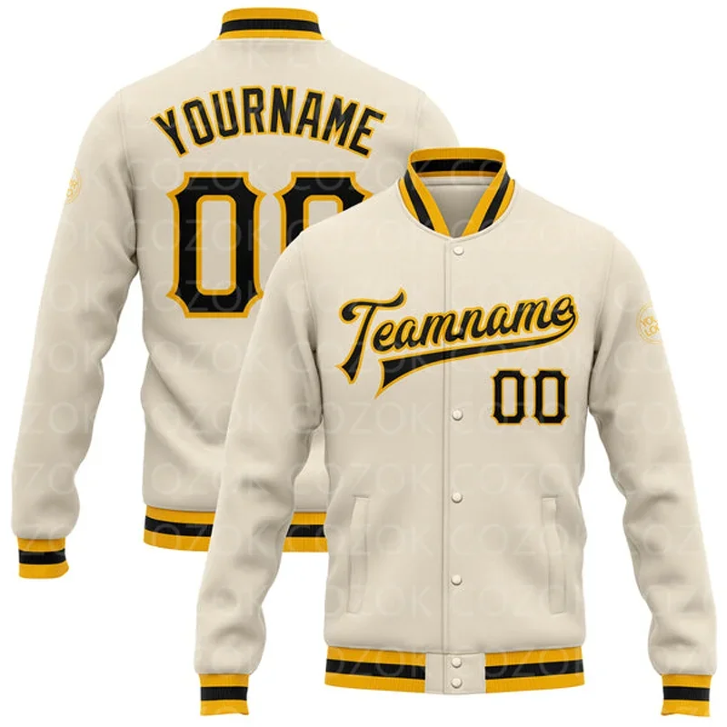 

Custom Cream Yellow Color 3D Printed Baseball Button Jacket Bomber Full-Snap Varsity Letterman Jacket