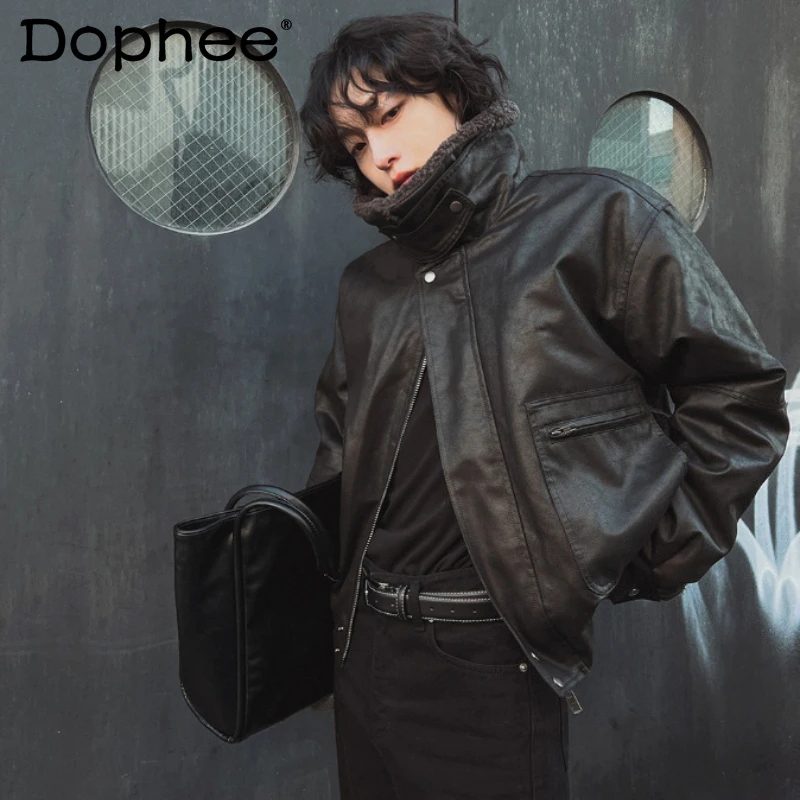 

2025 Men's Winter New Trendy Parkas Stand Collar Chic Faux Leather Jackets Lapel Thickened Outerwear Long Sleeve Handsome Parkas