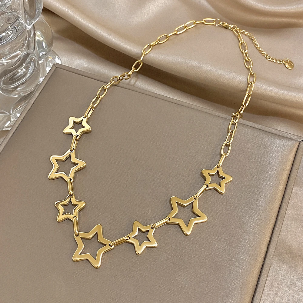 펑크 청키 할로우 스타 두꺼운 체인 스테인리스 스틸 목걸이 여성 남성 패션 금도금 스타 칼라 목걸이 주얼리