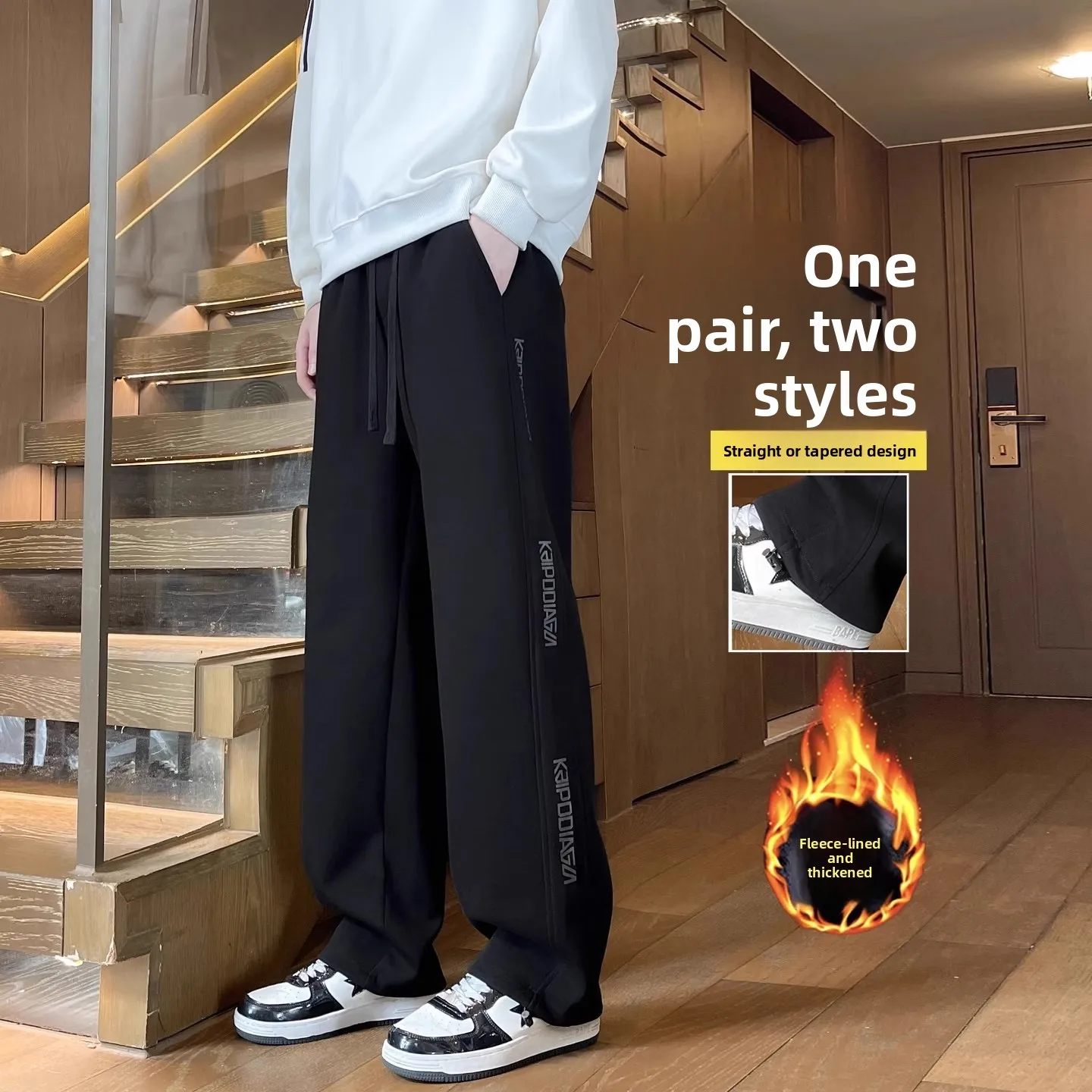 

American Sle Printed Letter Sweatpants Men's Autumn Winter Thiened Fce Dstring Loose Straight Casual Trousers