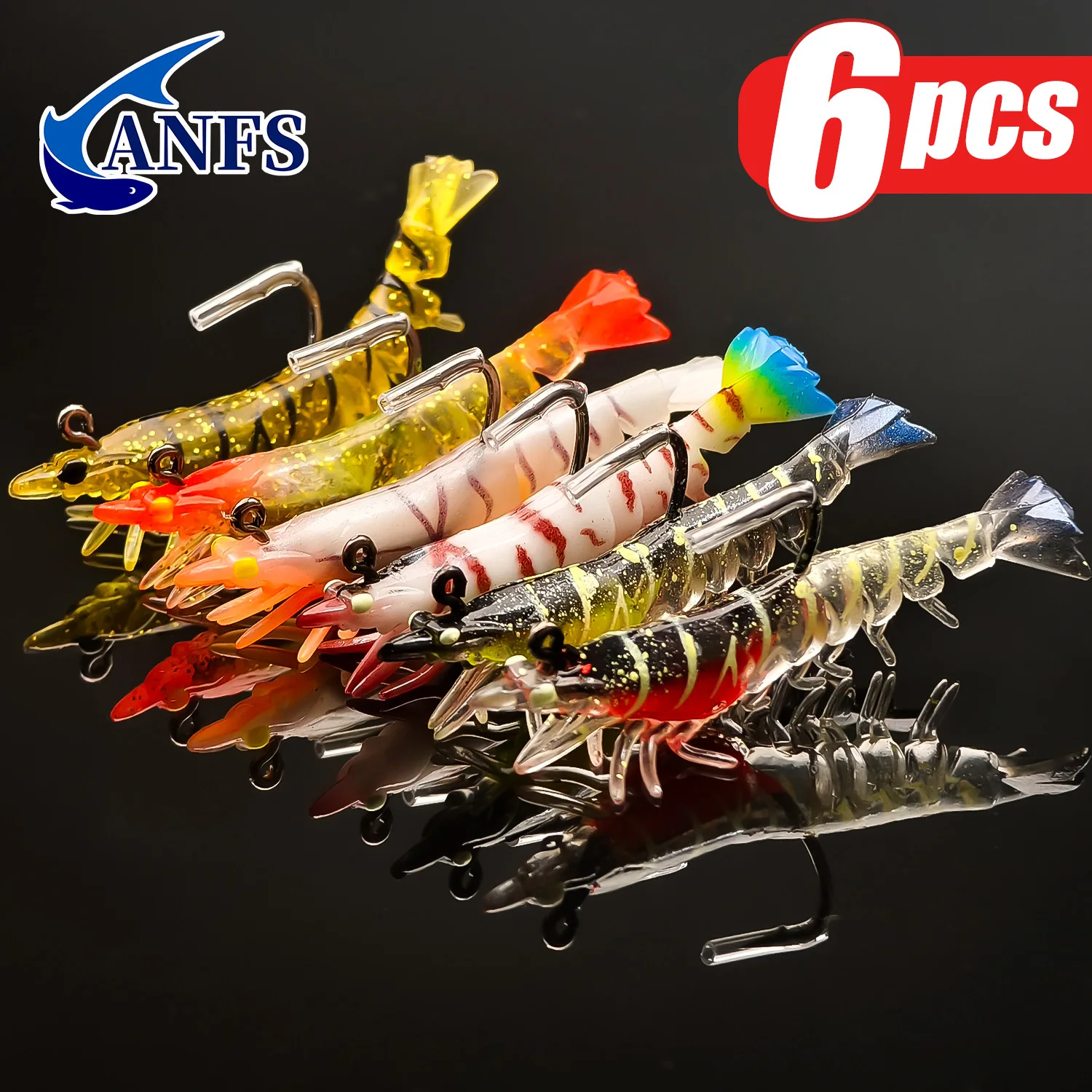 ANFS 6 Iscas Macias para Pesca em Água Doce e Salgada, Iscas de PVC para Robalo, Iscas de Camarão Realistas, Presentes Incríveis para Pescadores