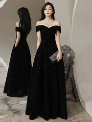 Bla Velvet One oulder Long Evening Dr Spring New Sle 2026 Starry  Host Gown Korean Sle A-Line Skirt