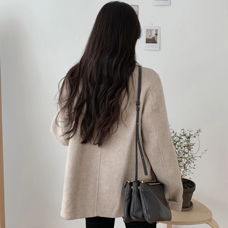 Autumn Winter Double Breasted Woolen Coat Women Korean Style Turn Down Collar Wool Jacket Woman Solid Colort Thick Coats Ladies