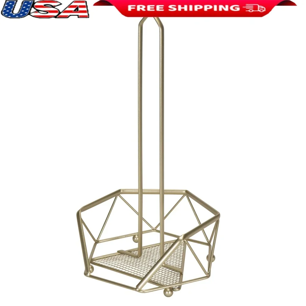 

Атласный золотой держатель для бумажных полотенец, отдельно стоящий, прочный, железный каркас, приподнятая основа, устойчивая к ржавчине, удобное хранение на кухне