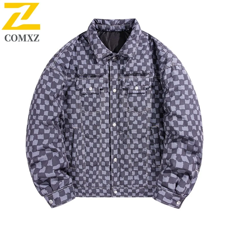 

COMXZ мужской пуховик с отложным воротником, уличная лыжная утолщенная теплая парка, классический дизайн с принтом, ветрозащитные зимние стеганые куртки