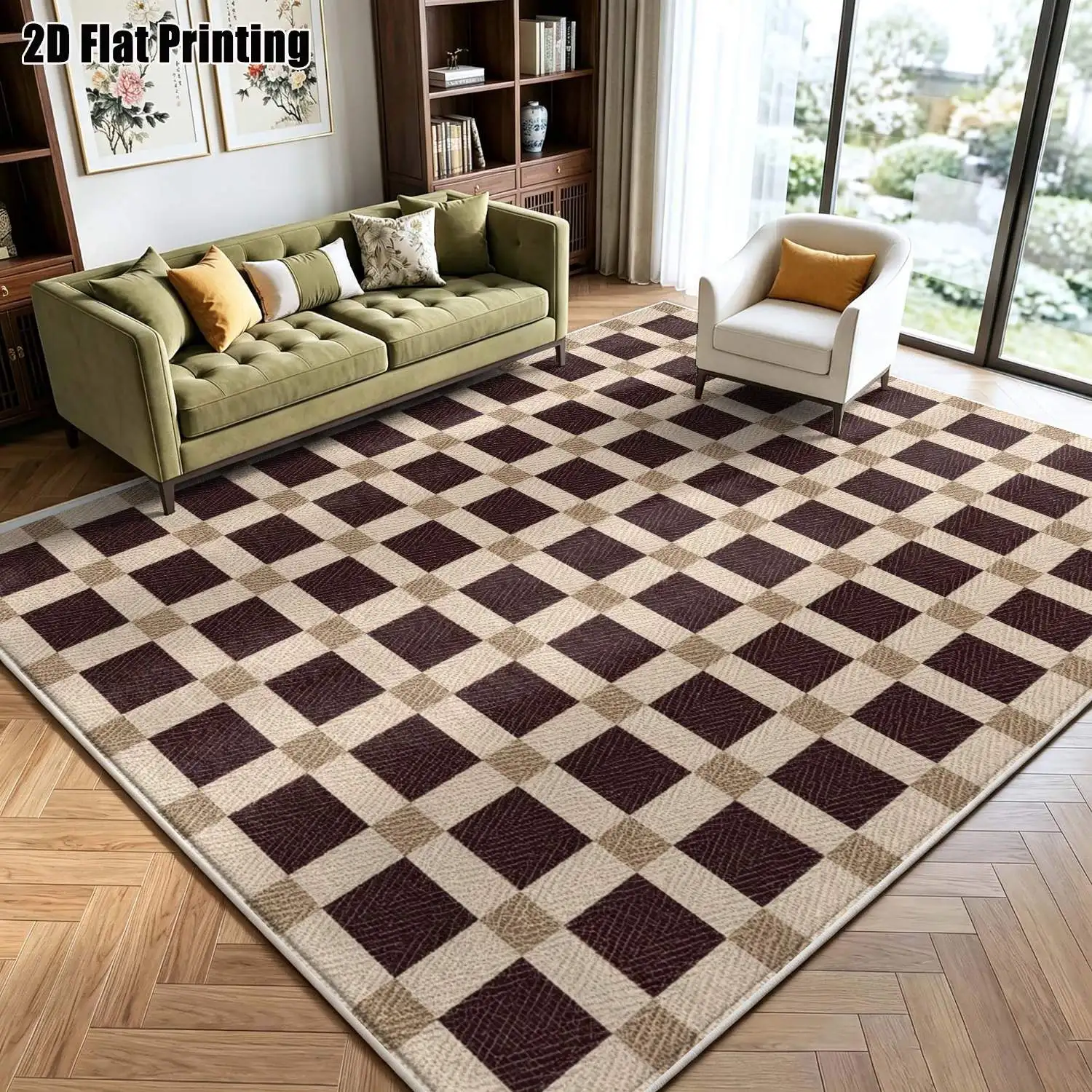 1Pc 2D Printed Brown White Geometric Checkered Velvet Carpet, Nordic Modern Minimalist Vintage Style, Multi-Size Washable, for Home Decor, Entrance Dining Bedroom Living Room Use