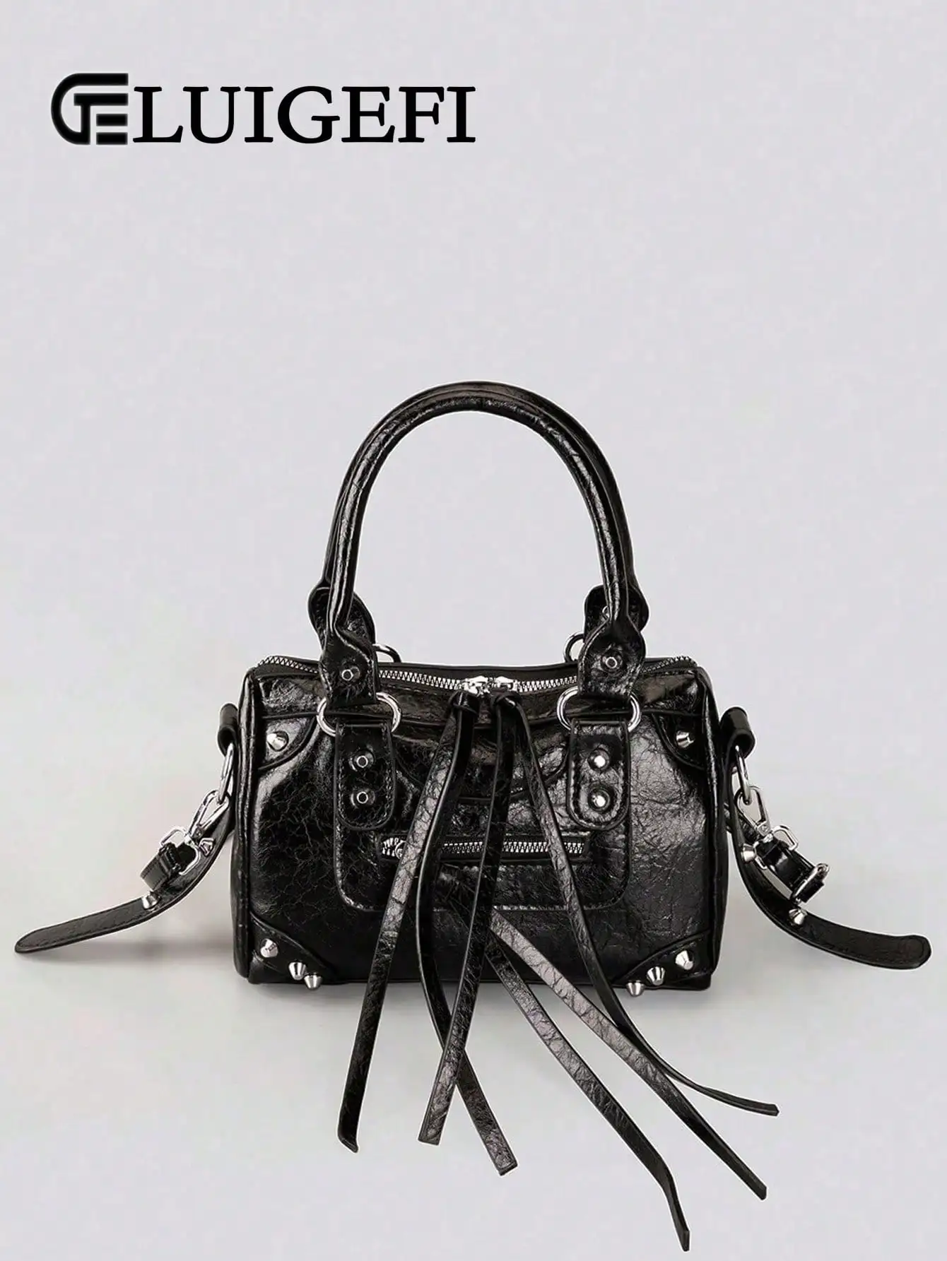 

1pc Beige Patchwork Rivet Studded Tassel Zipper Decor Vintage PU Material Belt Decor Rivet Studded Dual Top Handle Adjustable Shoulder Strap Zipper Closure Fashion Retro Sweet Chic Motorcycle Bag Y2K Punk Style Square Handbag For Women, Casual Low-Key Lux
