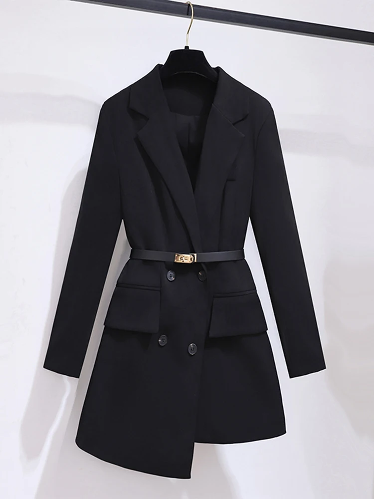 New 2024 Suit Dress Women Long Sleeve Korean Fashion Black Dresses With Belt Elegant Winter Outfits For Women Hot Sale