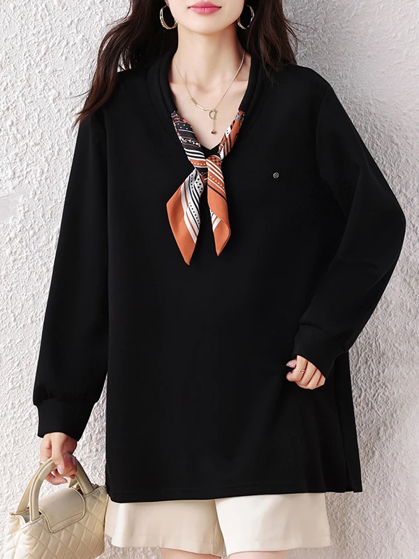 Fashionable Simple Women's Sweatshirt Tie T-Shirt Slimming Top Autumn New Arrival Label Removed Casual Wear for Middle-Aged