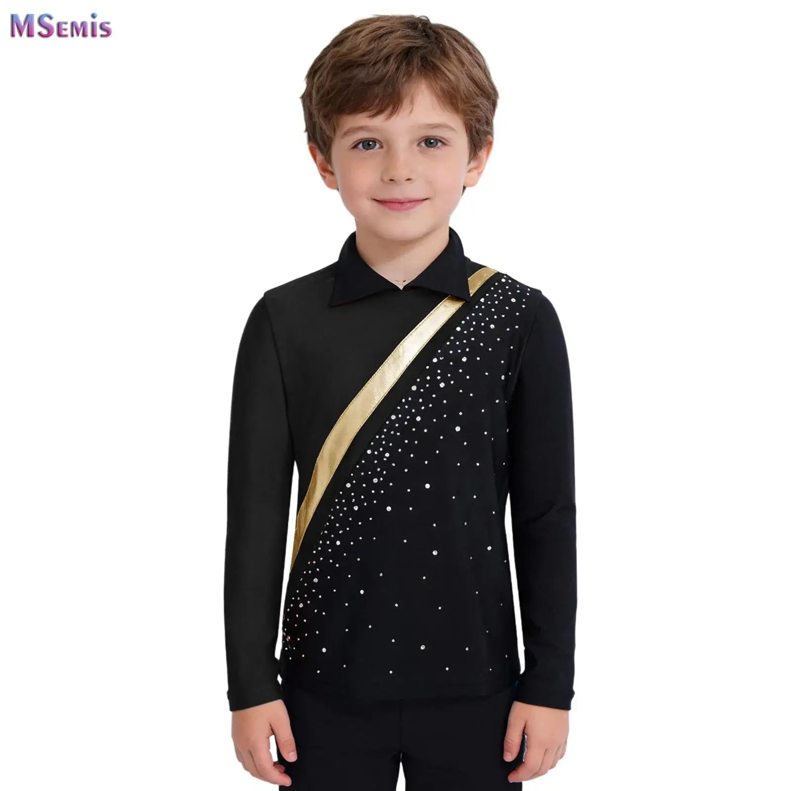 

Kids Boys Athletic Tops Figure Skating Dance Costume Long Sleeve Shiny Rhinestones Metallic Top for Competition Performance