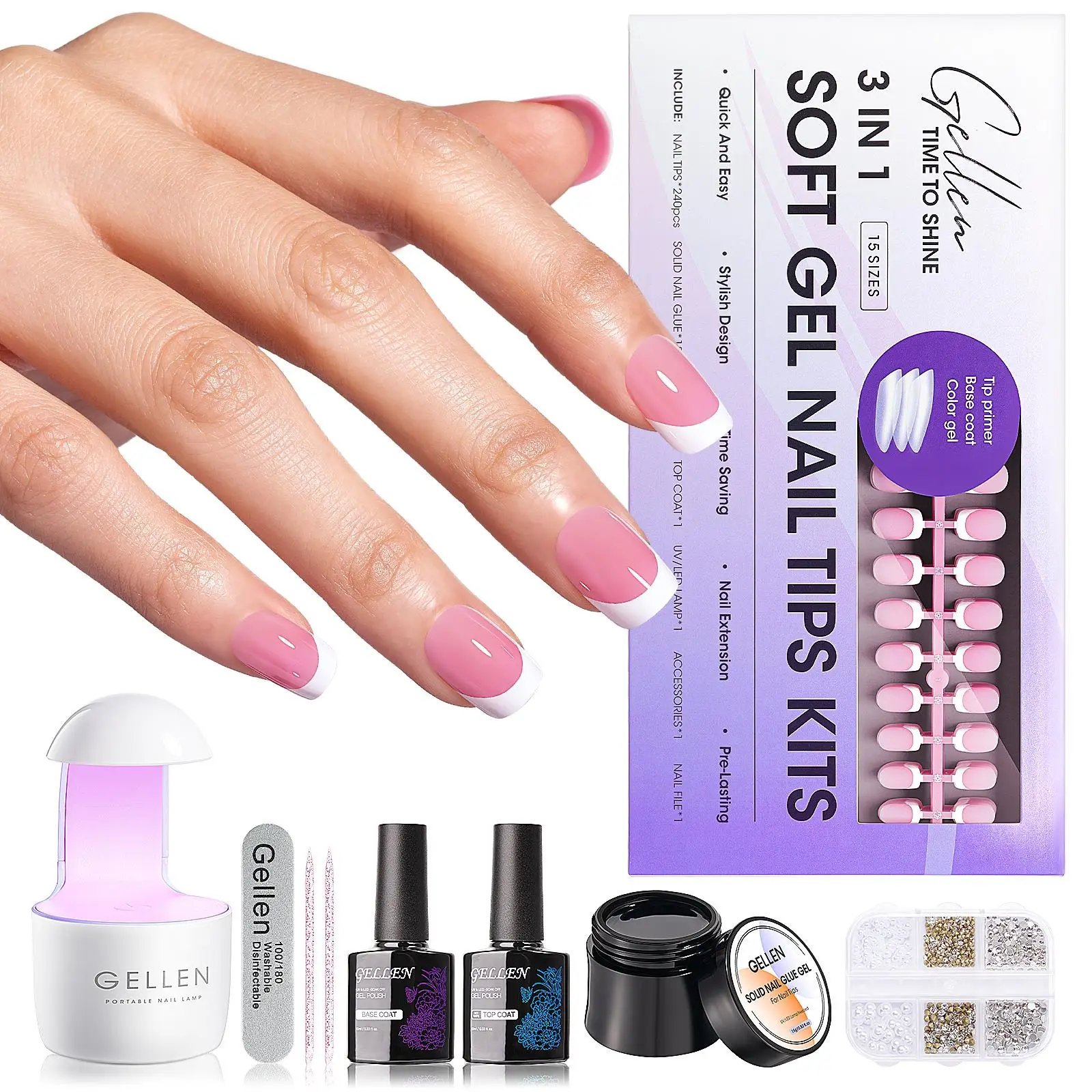 GELLEN French Tips Gel Nail Kit Short Square Press on Nails with UV Lamp Base Top Coat Glue Pink Artificial Nail Art Design