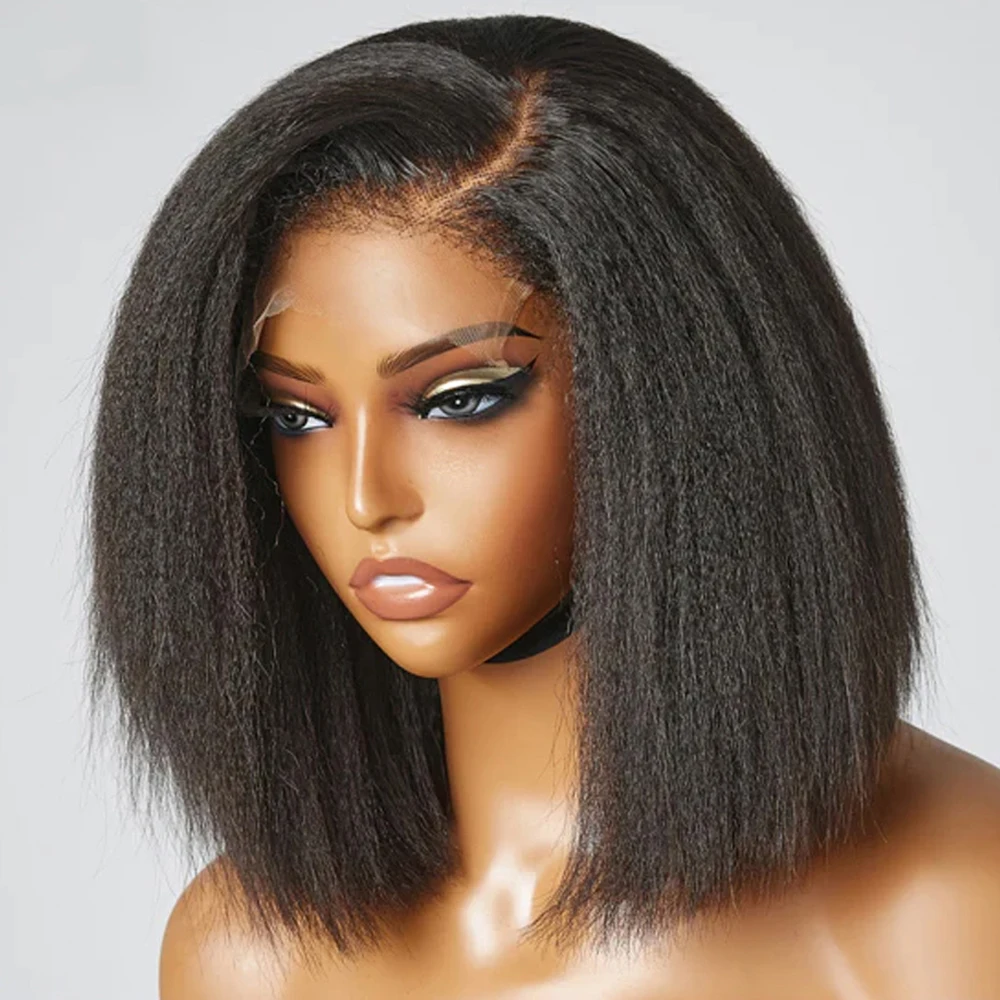Ready To Wear Kinky Straight Bob Wigs Glueless 100% Human Hair Wigs Wear To Go Brazilian Yaki Straight Transparent Lace Wig 180%