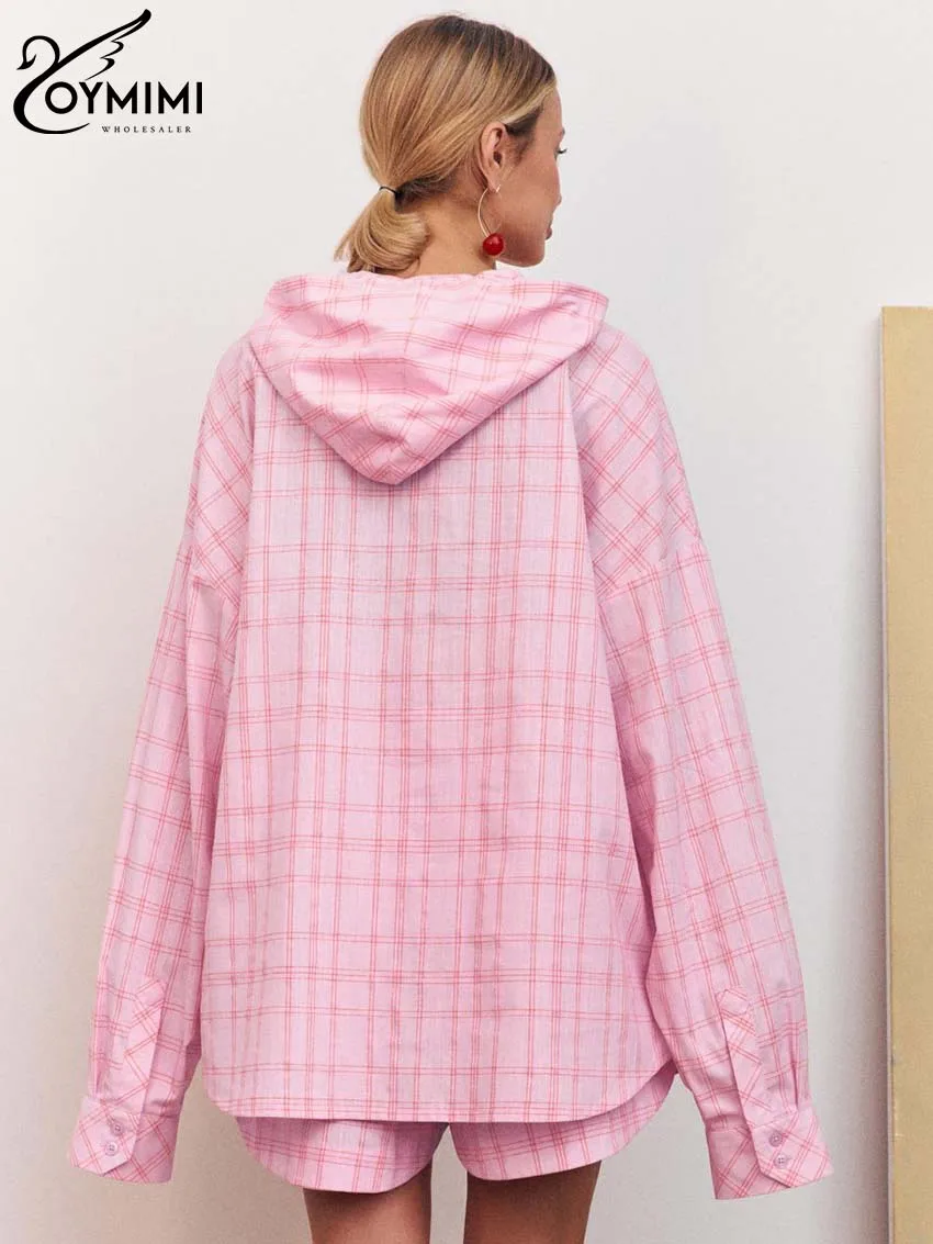 Oymimi Fashion Pink Plaid Print Women 2 Piece Set Outfit Casual Hooded Collar Long Sleeve Button Shirts And Pockets Shorts Sets