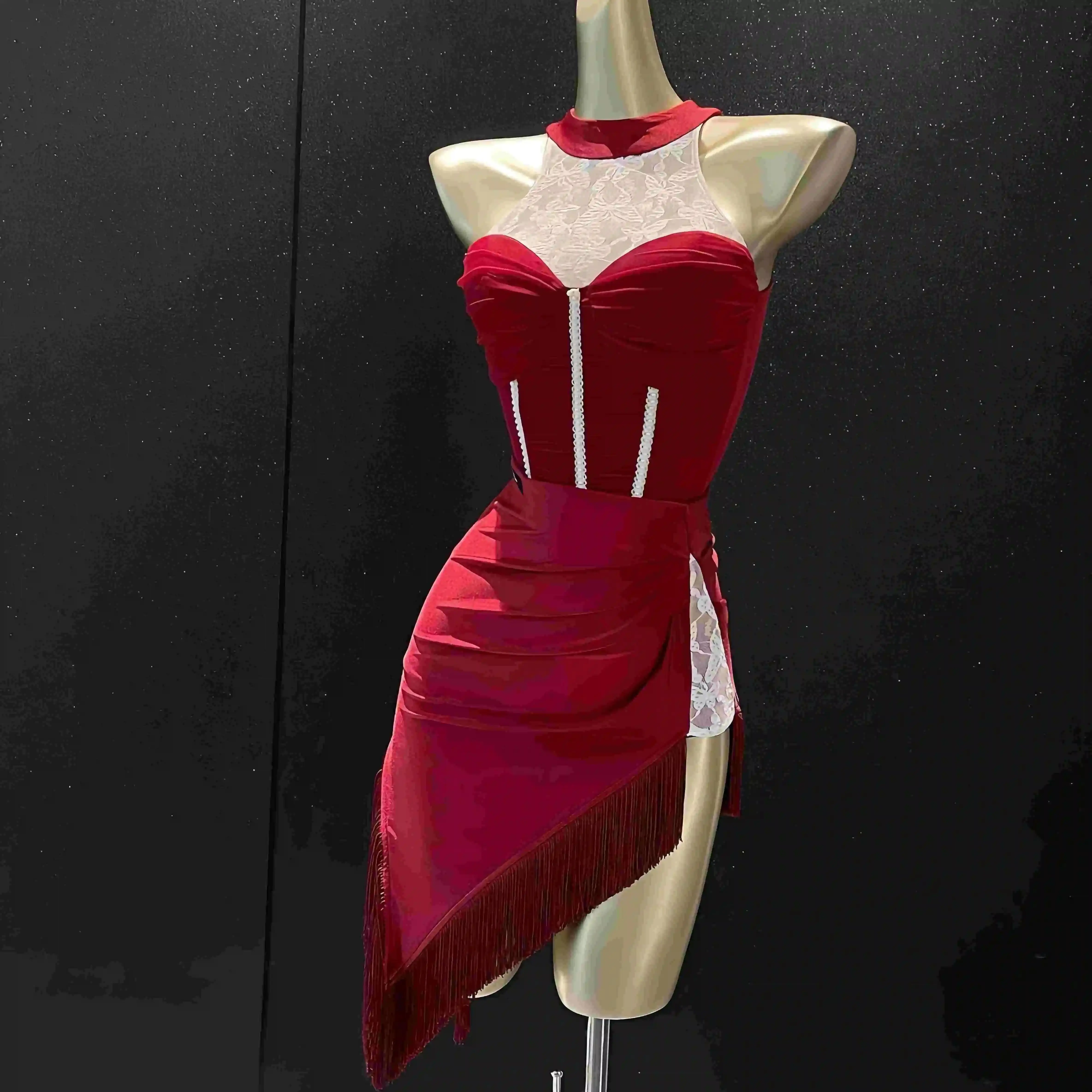 

Latin Dance Competition Clothing Women Adult Red Lace Top Tassels Skirt Dance Performance Costumes Chacha Latin Dress DN20906