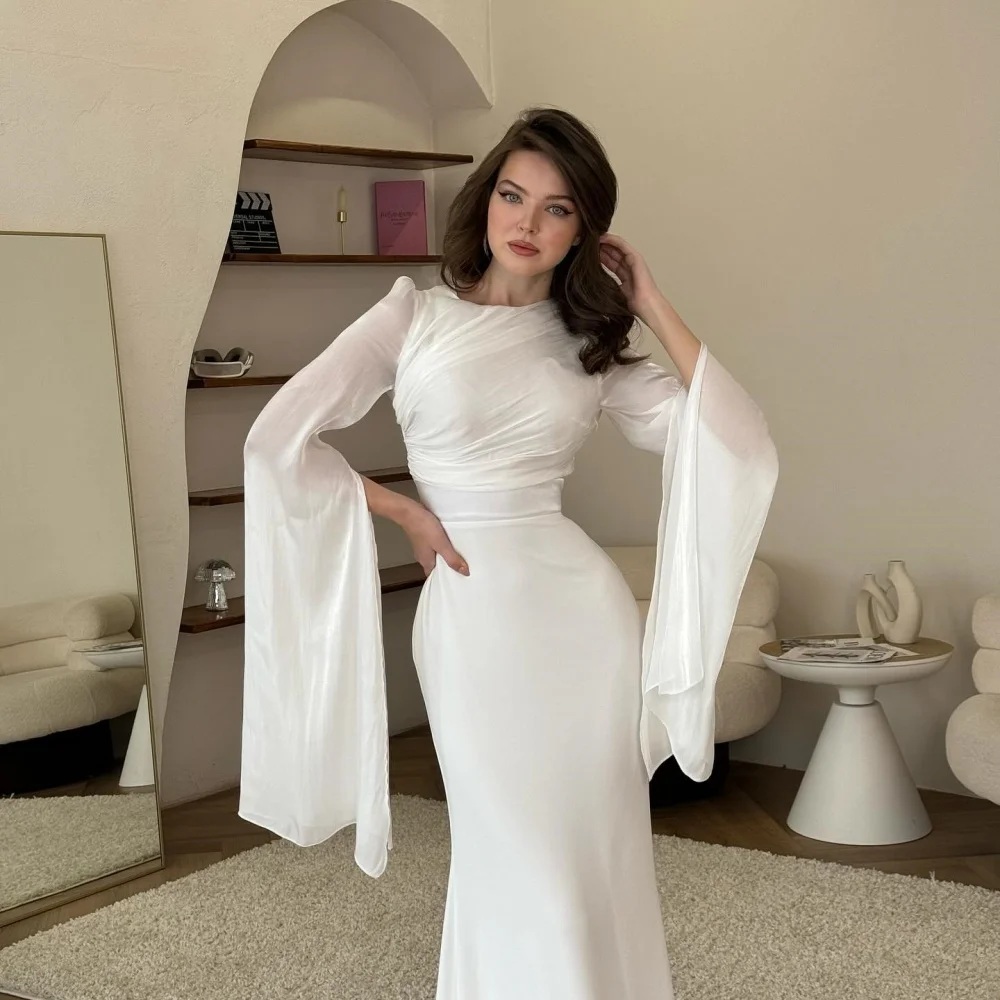 Bella Customized Bell Sleeves Mermaid robes de soirée Pearl Chiffon Evening Dresses Floor-Length Cocktail Party Wedding Dress