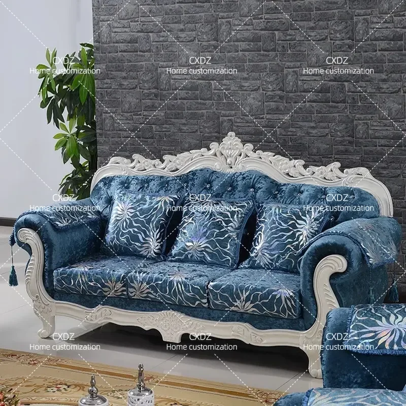 Blue Flannel Fabric Sofa 123 Set Light Luxury Simple Solid Wood Carving Three Seater for Small Apartment Living Room