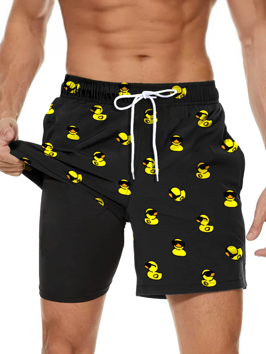 

Мужские плавки с принтом милых резиновых уточек, быстросохнущие, 2 в 1, свободного кроя, для плавания, серфинга и отдыха на пляже