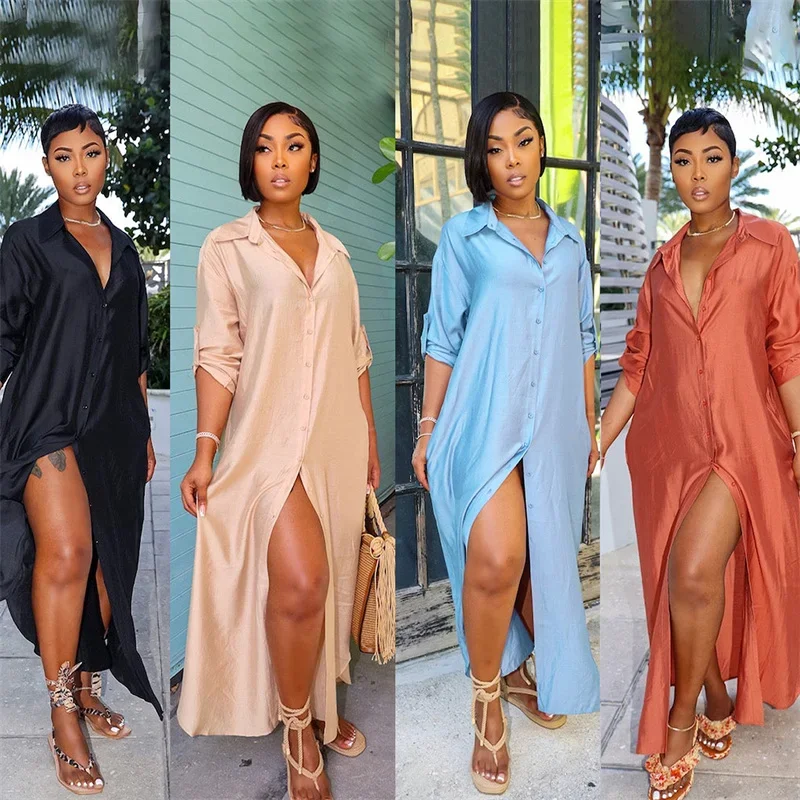 Streetwear Satin Long Sleeve Shirt Dress Women Turn-down Collar Single Breasted Button Loose Fit Casual Maxi Dresses Sundress