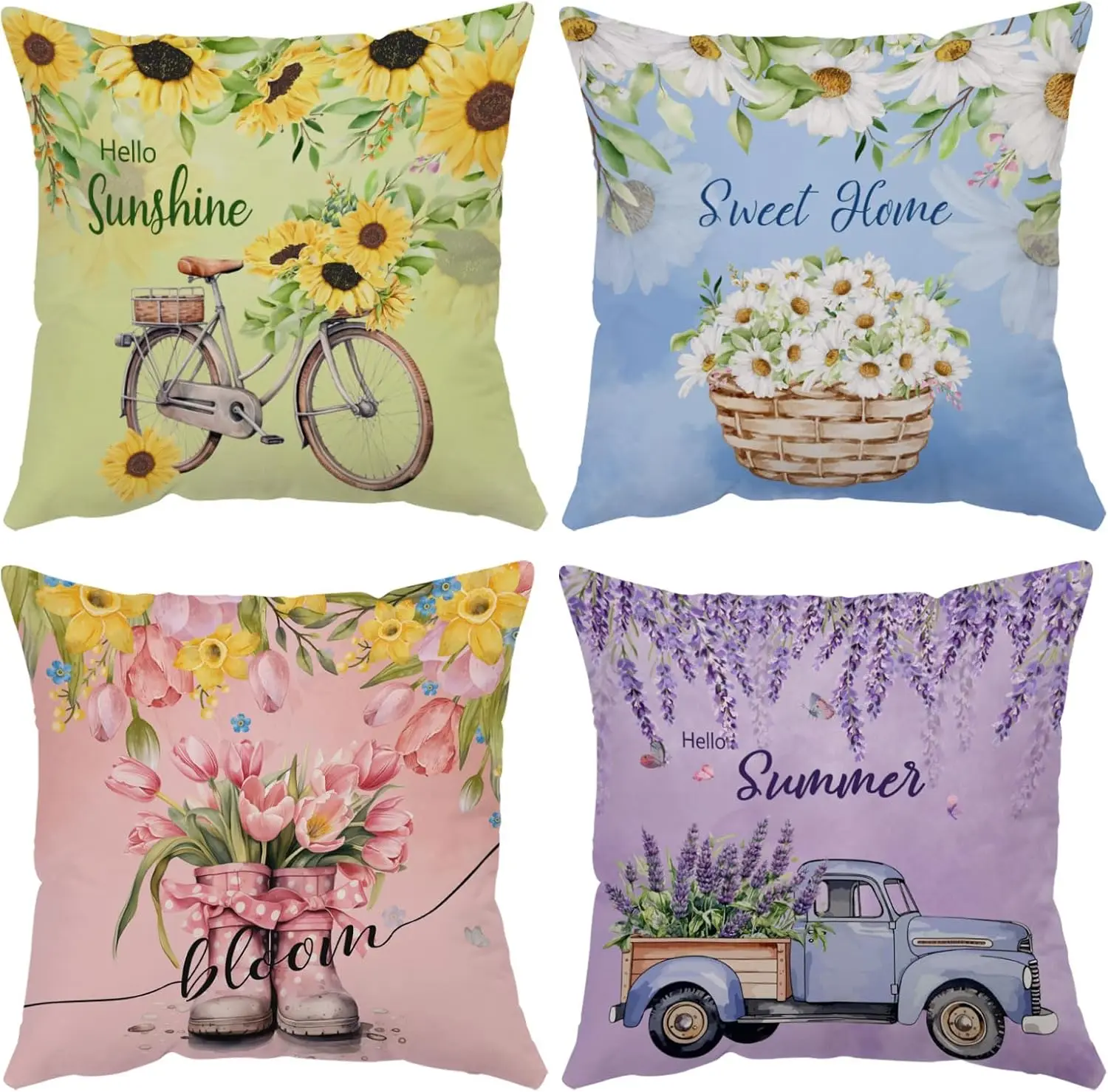 

Spring Summer Pillow Covers 12x12 Set of 4 Floral Throw Pillow Covers Hello Sunshine Colorful Flower Cushion Covers Square Soft