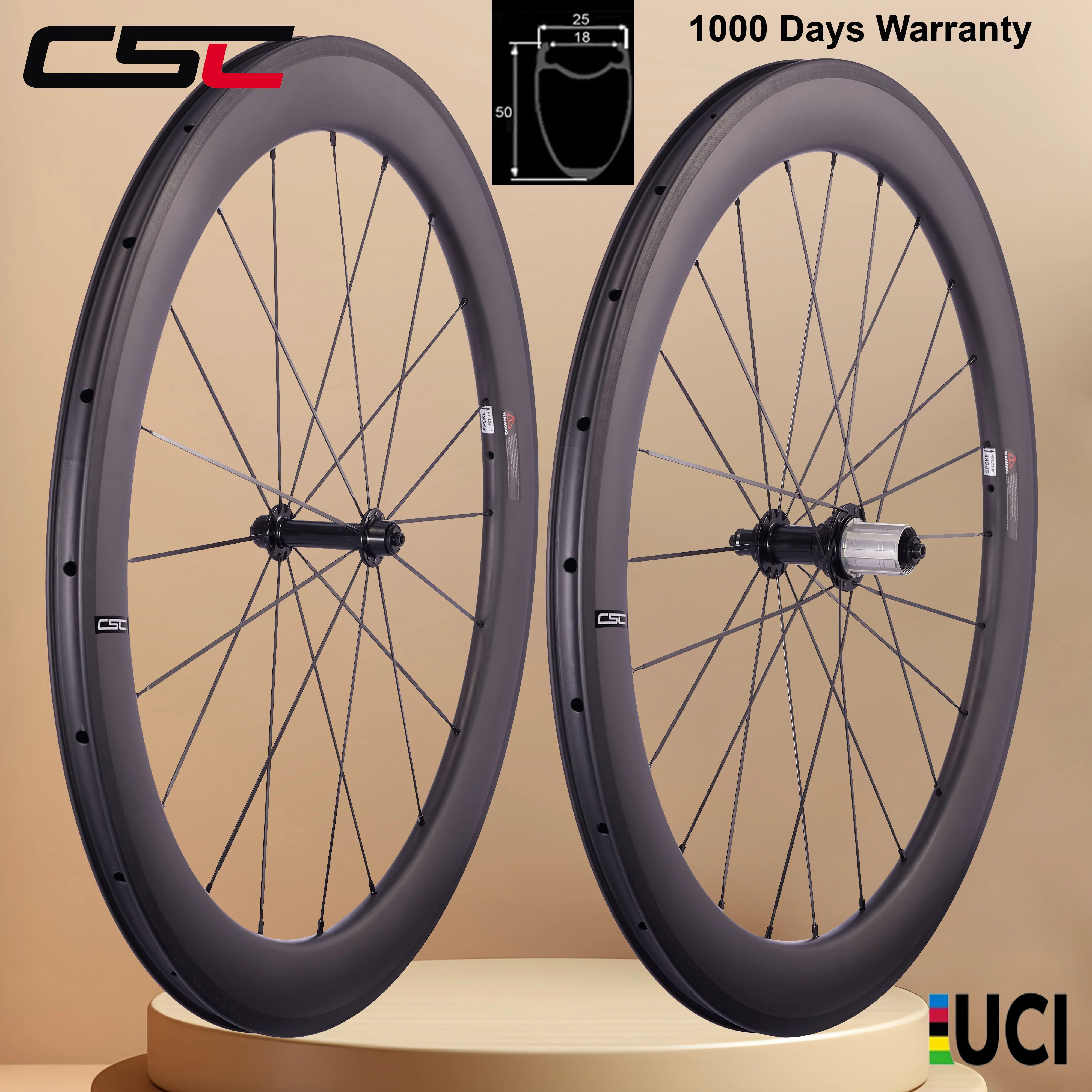 Image of CSC UCI Standard 38/50/60mm Innenfelge 18mm 700C Rennrad Carbon-Laufräder Basalt-Bremsfelge V-Bremse Clincher Tubeless UD Matt R13 Laufradsatz