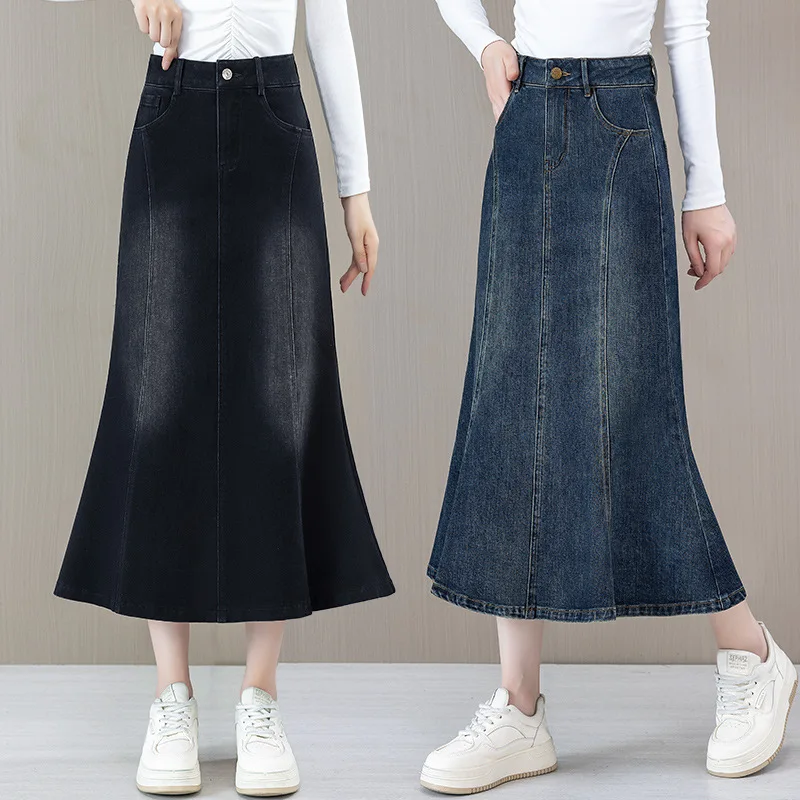 تنورة من قماش الدنيم للربيع والخريف على شكل ذيل السمكة للنساء، طراز عتيق، متوسط الطول، مكشكشة على شكل حرف A، نصف تنورة ضيقة