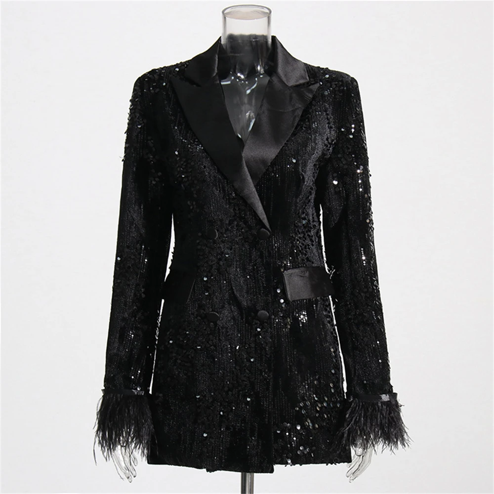 New Sequined Women Stylish Suit Jacket Long Sleeves with Feathers Double Breasted Fashionable Suit Blazer High-end