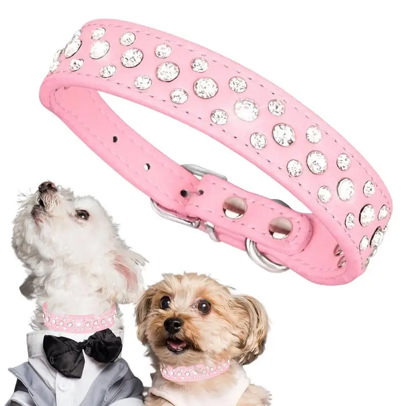 Pet Rhinestone Collar Three Rows Bling PU Leather Dog Collar Pet Dog Cat Puppy Collar Adjustable Dog Collars For Pets Dogs Cats