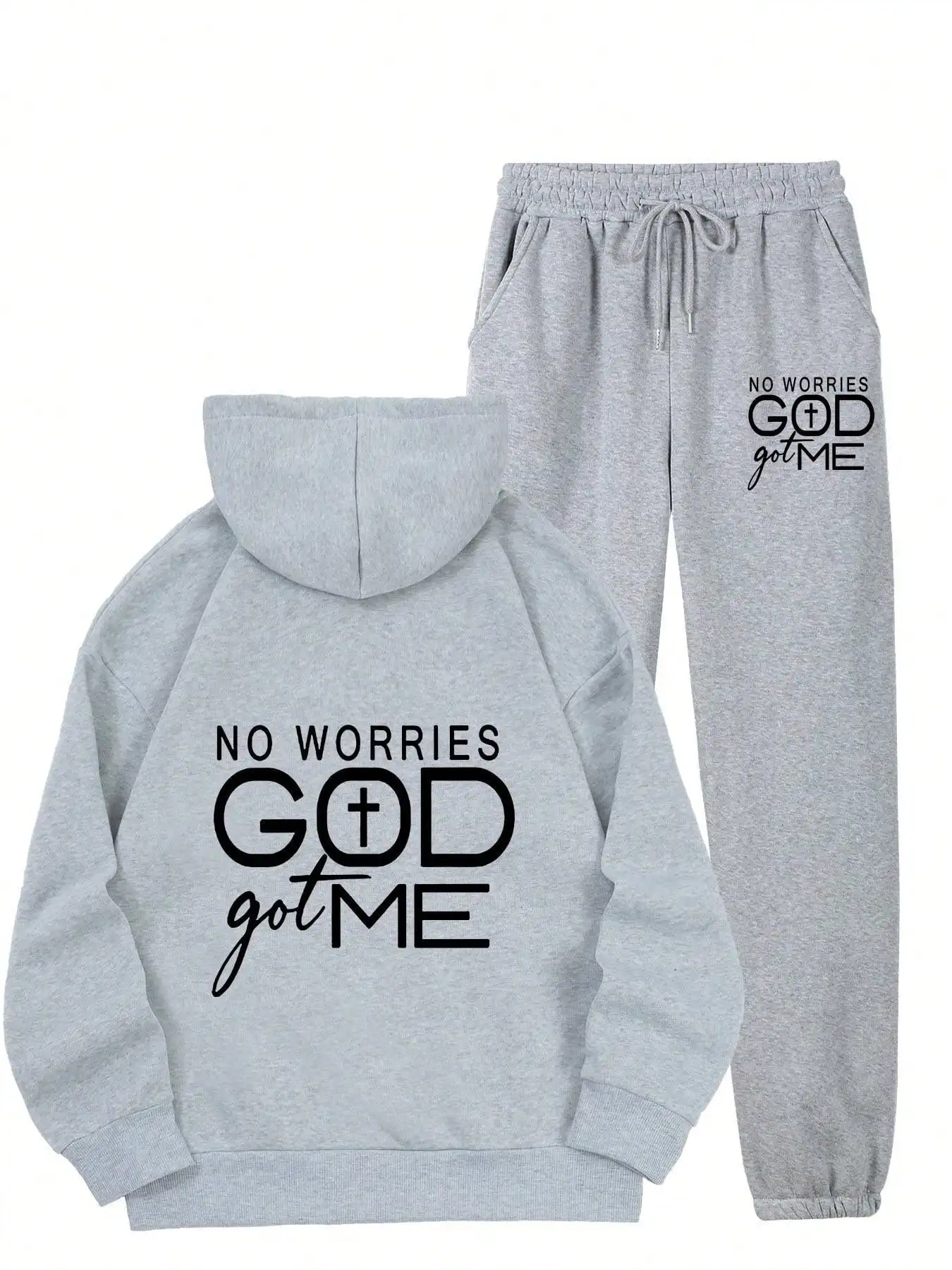 No Worries God Got Me Graphic Hoodie and Joggers 2-Piece Set Casual Loose Sweat Suit