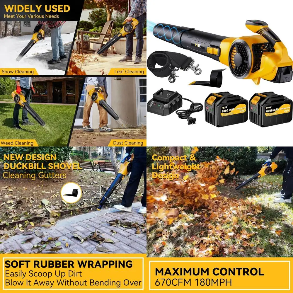 

670CM Electric Leaf Blower with 2x6.0Ah Batteries, 3-Speed Turbo, Rubber-Coated Shovel, Shoulder Strap for Lawn Care