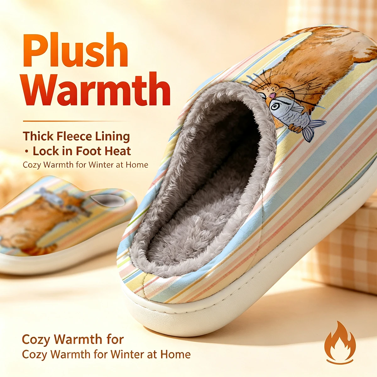 Funny Cat With Fish Stripe Christmas White Slippers Warm Plush Indoor Shoes Non-Slip Winter Slippers Family Holiday Gifts Soft