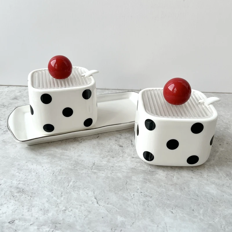 Black-and-white Polka-dot Ceramic Seasoning Jar Simple Household Salt Jar Seasoning Jar Storage Seasoning Box Kitchen Supplies
